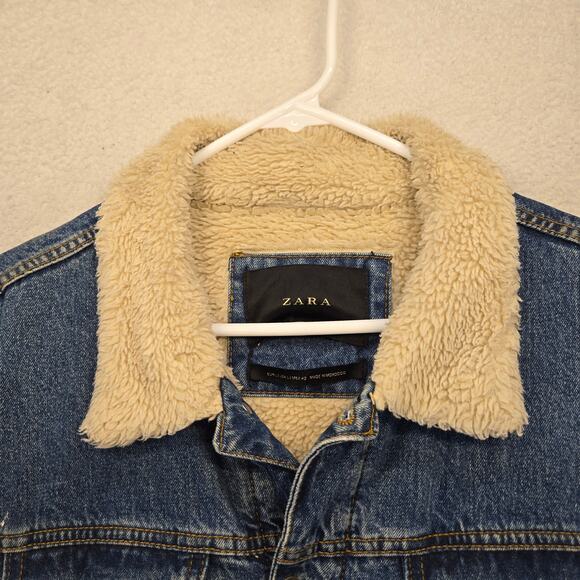 Zara Denim Sherpa Jacket Mens L Blue Fleece Lined Trucker Jean Jacket Coat - Picture 3 of 14